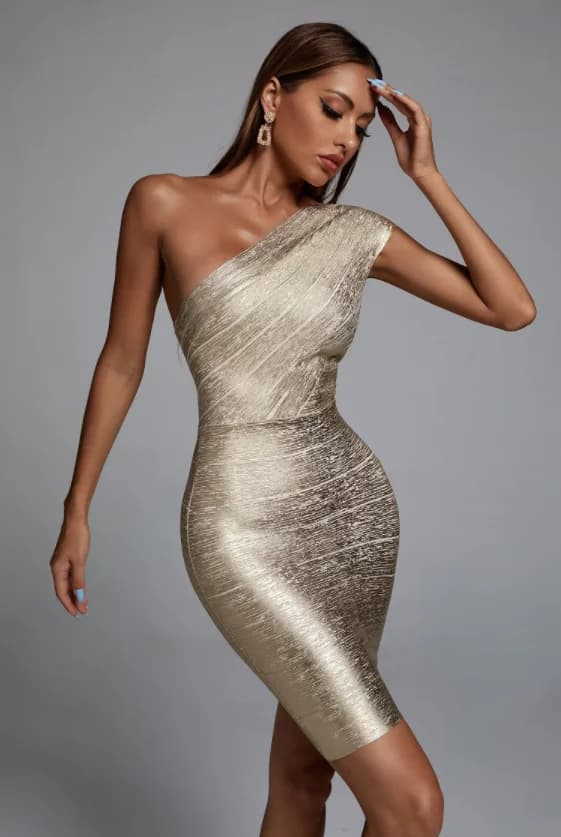 Haute qualité célébrité une épaule Foiling or imprimé rayonne robe de pansement élégant Club robe de