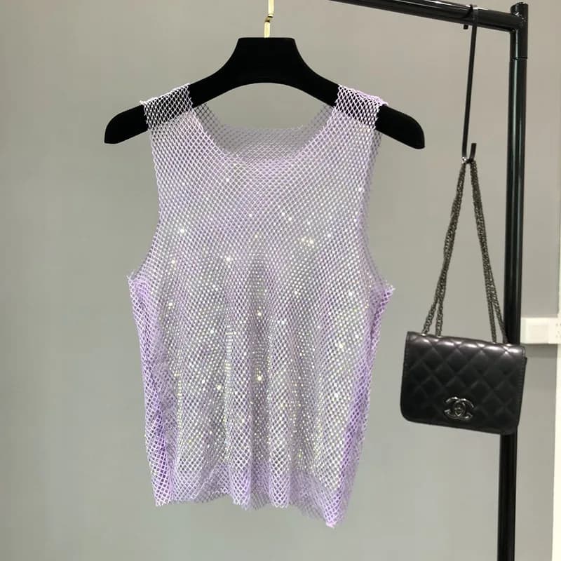 Débardeur brillant avec perles en cristal, camisole d'estampage, diamant évidé, sexy, club de fête