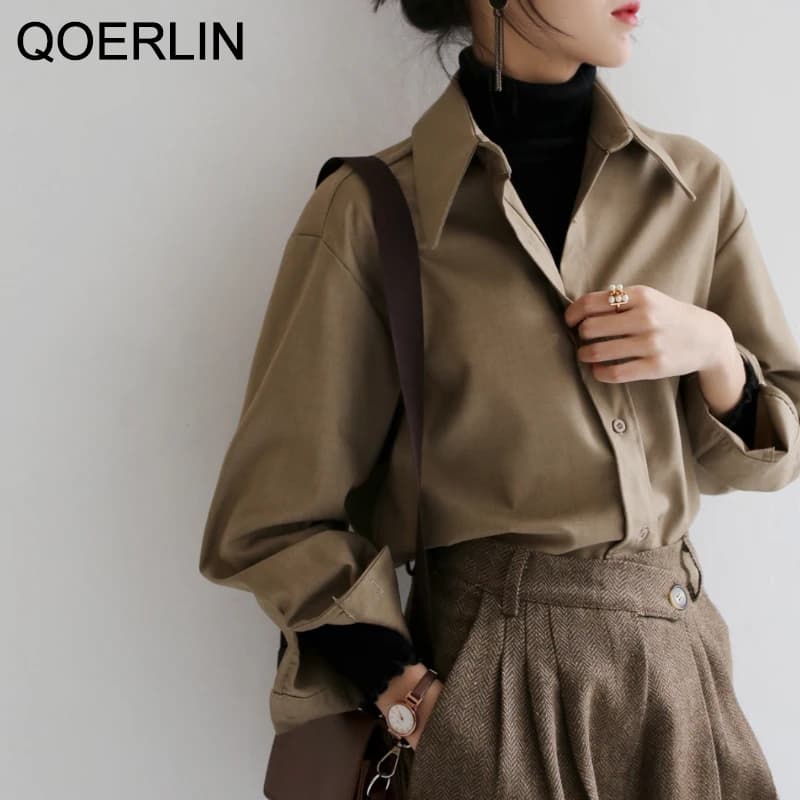 QOERLIN café Blouse femmes printemps automne décontracté couleur unie à manches longues chemise femm