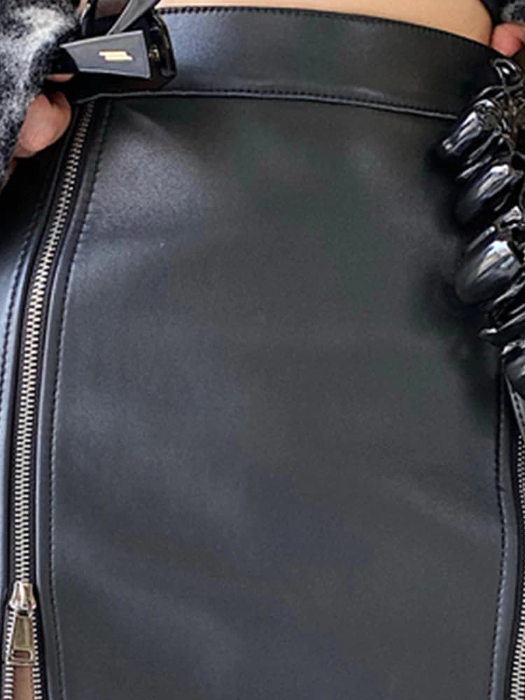 Lautaro – jupe mi-longue en cuir Pu noir doux pour femme, avec Double fente, fermeture éclair, taill