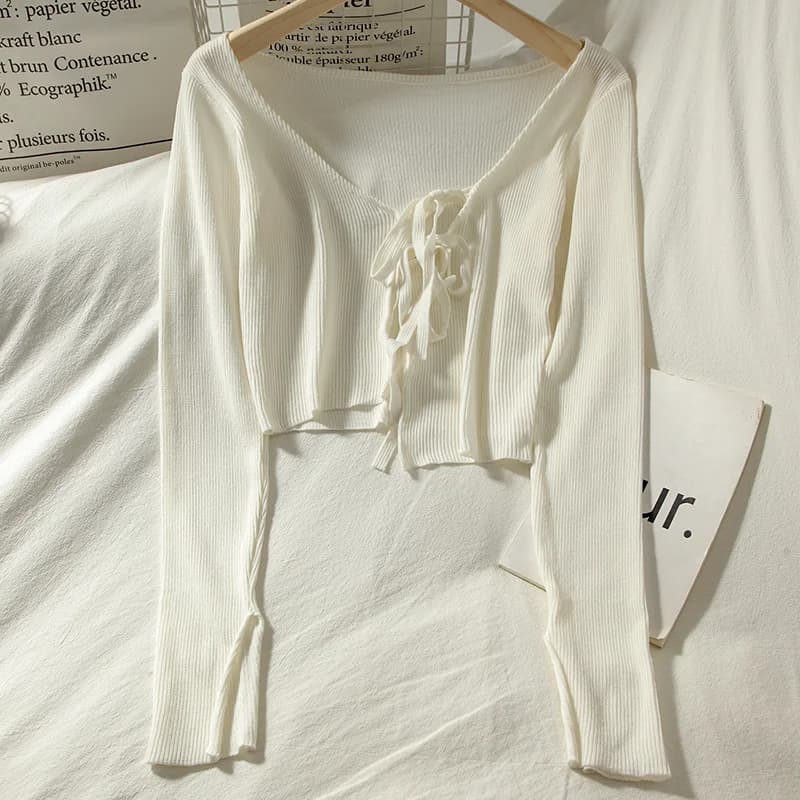 Cardigan à lacets tout assressentipour femme, blanc, simple, haut mignon, élégant, résistant au sole