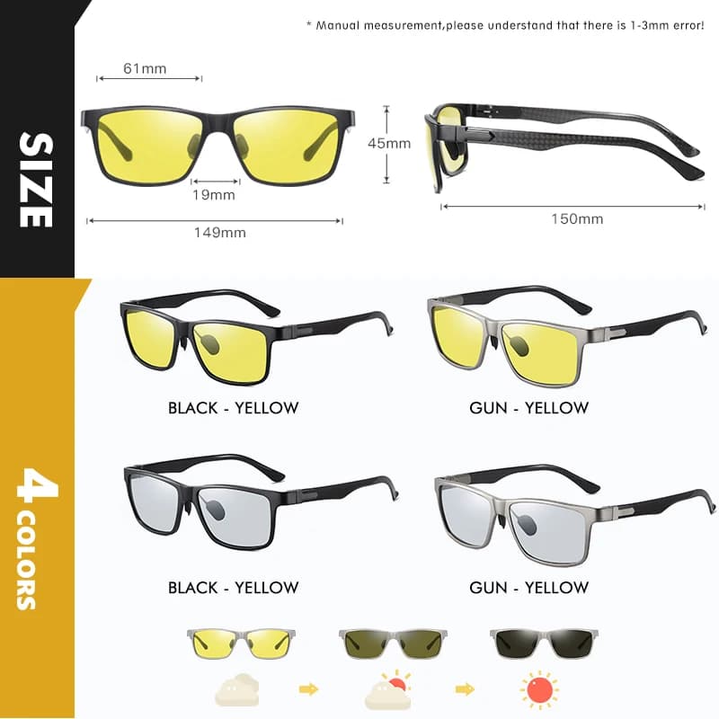 Top fibre de carbone carré conduite photochromique lunettes de soleil polarisées hommes jour nuit Vi