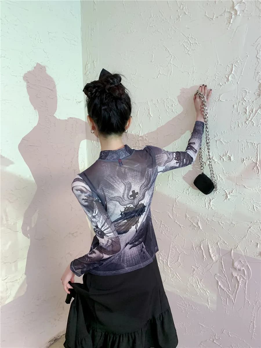 CHEERART Goth maille haut femmes tendance mode graphique t-shirts à manches longues col roulé voir à