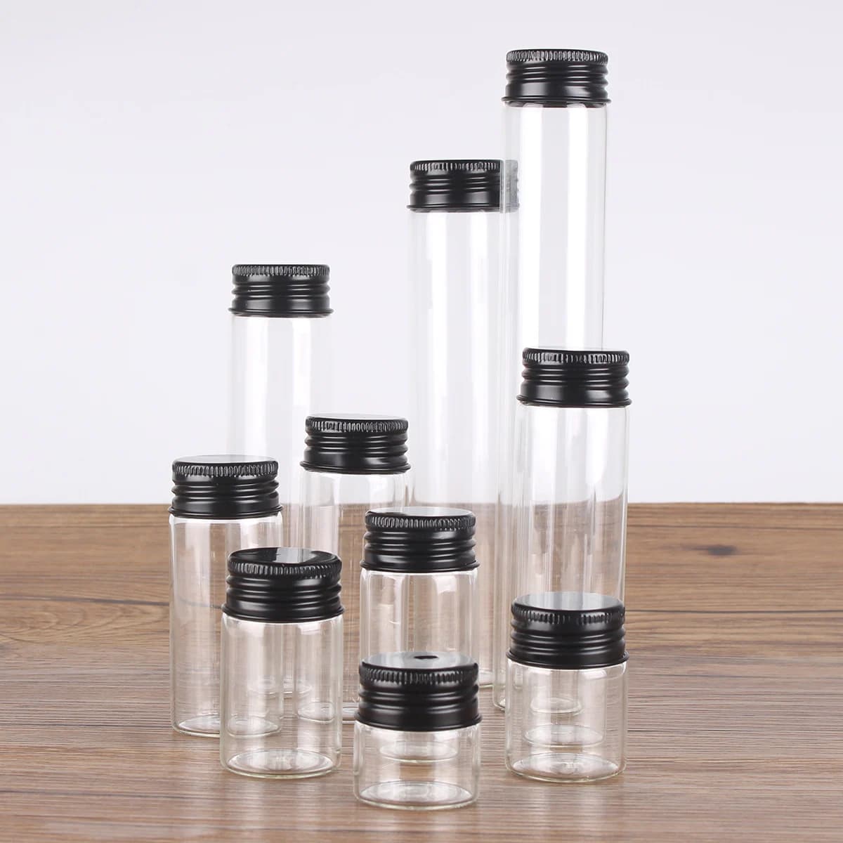 12 pièces/lot 10ml 15ml 20ml 25ml 30ml 40ml 50ml 60ml 80ml 100ml bouteilles en verre avec bouchons e