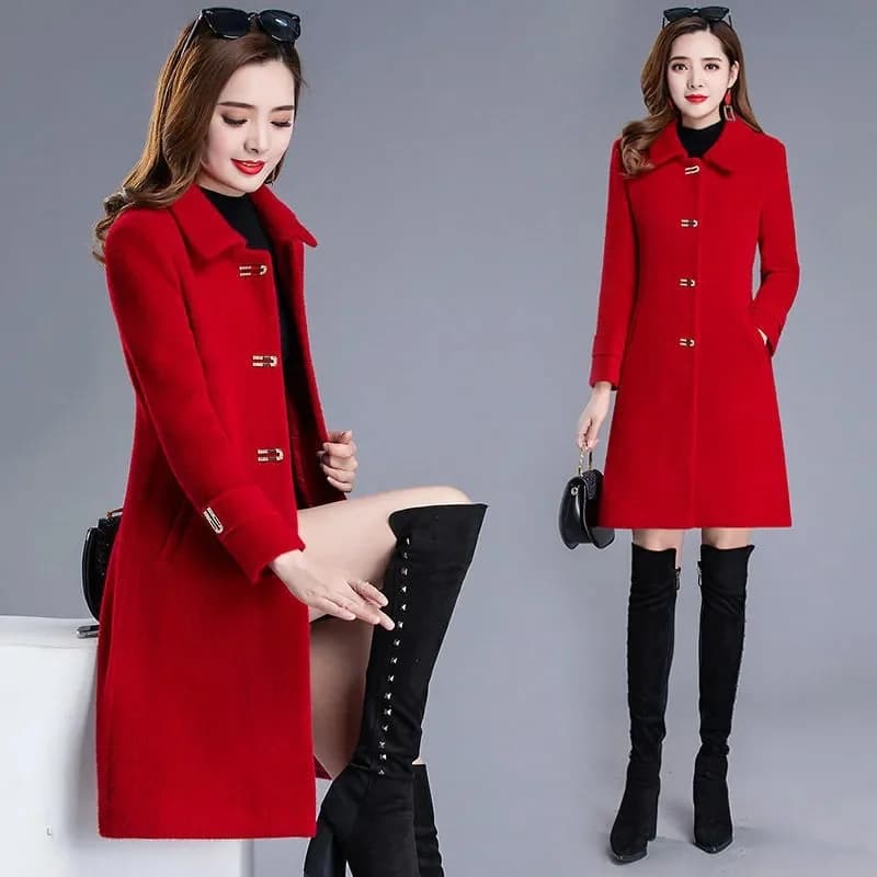 Manteau en velours de vison coupe couvertes pour femme, veste en laine rouge, mi-long, mince, décont