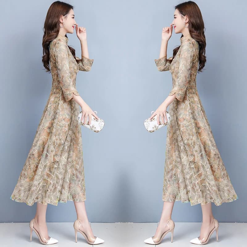 Robe mi-longue en dentelle à manches longues pour femmes, robe de soirée sexy, batterie avec piste d