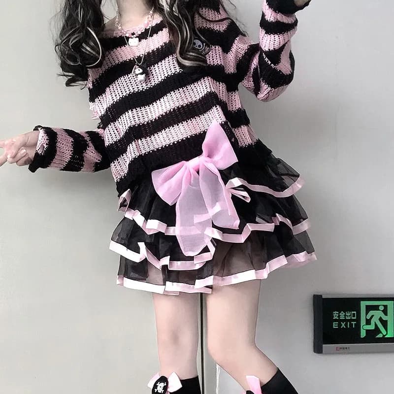 Karrram rose rayé gothique chandails femmes déchiré trous lâche tricoté pull effiloché fée Grunge pu