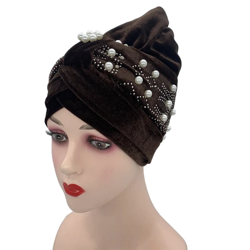 Bonnet turban en velours doux avec perles pour femmes, Hijab musulman, enveloppes de tête, vêtements