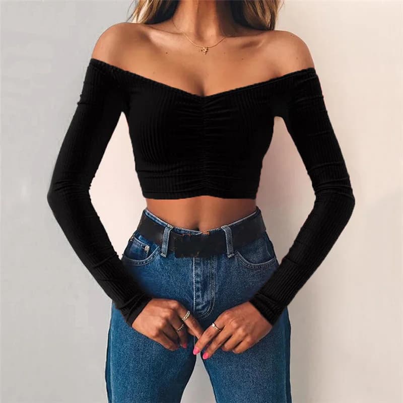 Hors épaule haut court femmes été à manches longues t-shirt col en V t-shirt élégant fête Club t-shi