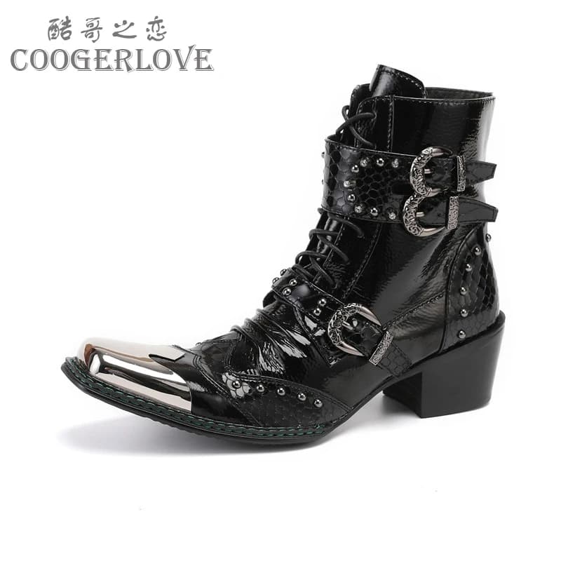 Bottes de cowboy occidentales à talons hauts pour hommes, ceinture Fangtou en métal, peau de vache s