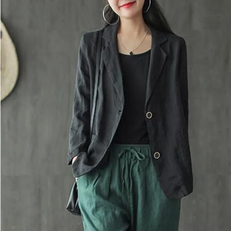 Blazer décontracté en coton et lin pour femmes, vestes fines pour dames, style vintage, solide, docu