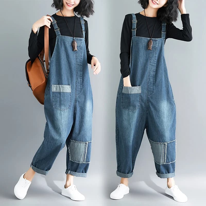 Salopette en Jean Vintage pour Femme, Vêtement en Denim, Surdimensionné, Patchwork, Solide, Décontra
