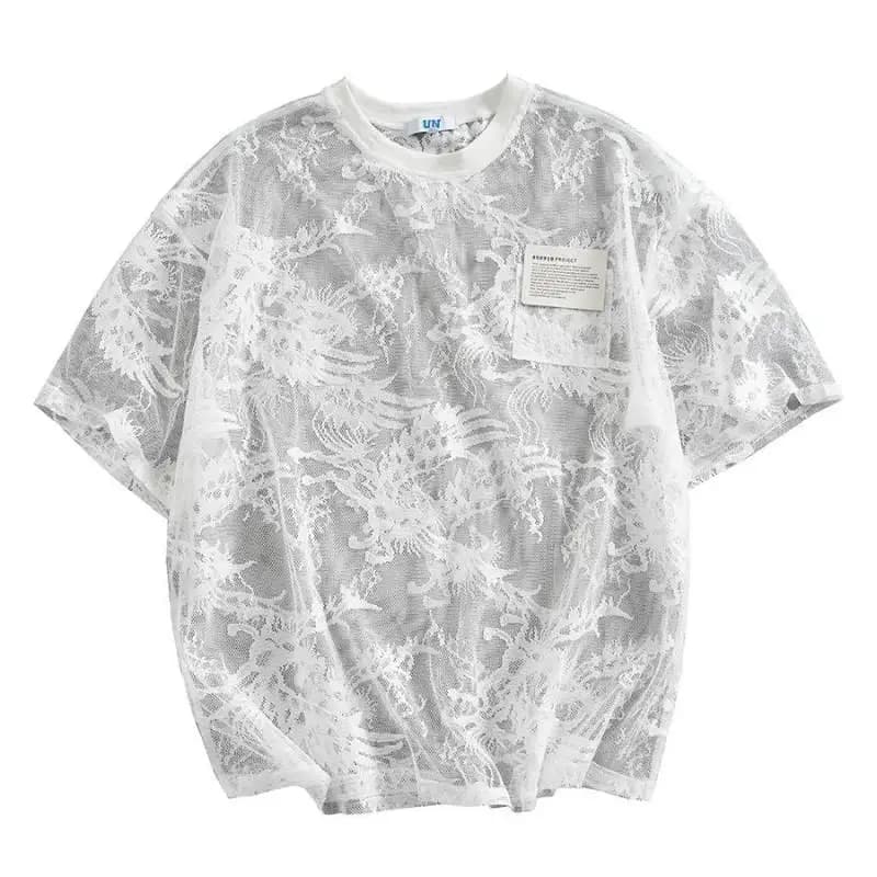 Karr233-T-shirt surdimensionné en maille et dentelle pour femme, t-shirt sexy, transparent, semi-tra