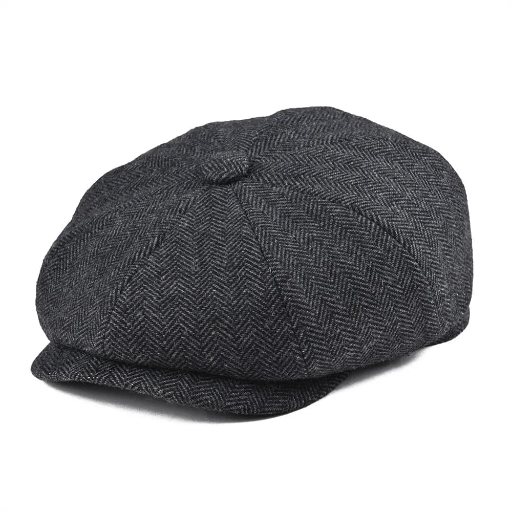 Casquette Gavroche Classique BOTVELA en Laine Tweed à 8 Panneaux Noir Motif Chevrons pour Homme, Cas