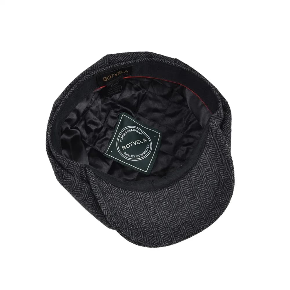 Casquette Gavroche Classique BOTVELA en Laine Tweed à 8 Panneaux Noir Motif Chevrons pour Homme, Cas