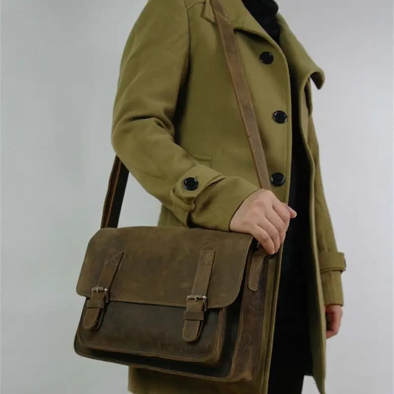 Sac à bandoulière Vintage en cuir de cheval fou pour hommes, sacoche en cuir véritable pour loisirs,