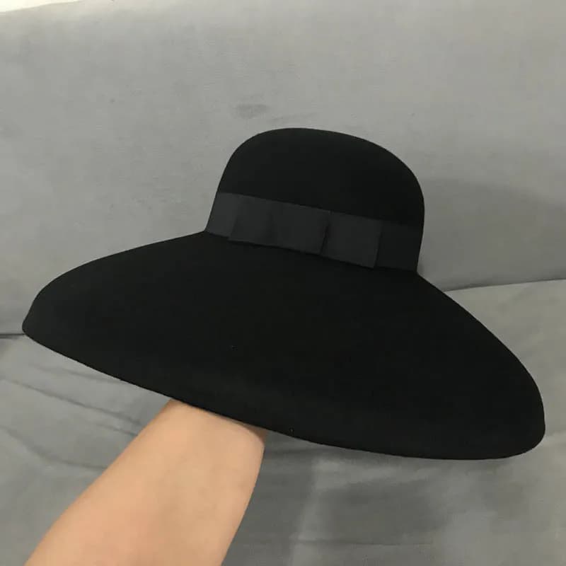 Chapeau souple en feutre de laine Pure noir de Style rétro pour femmes, Cloche Fedora d'hiver à larg