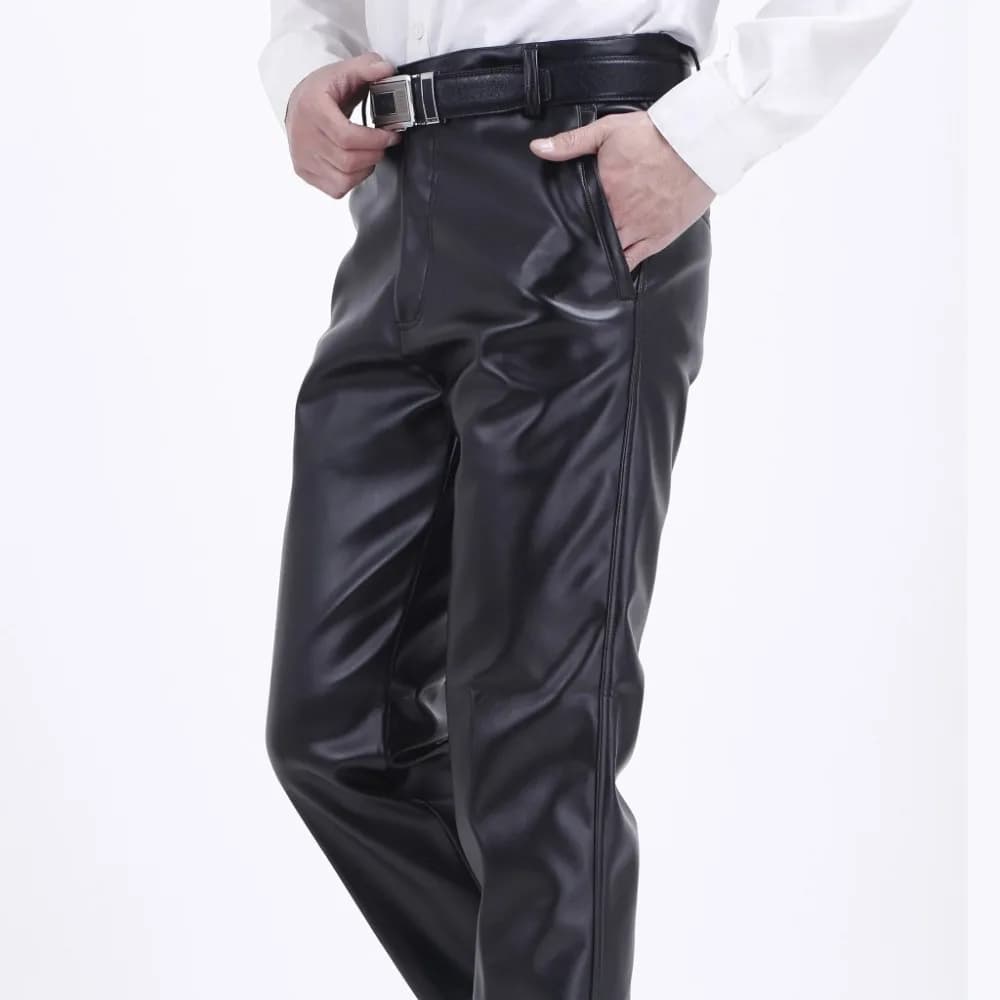 Pantalon en cuir pour hommes coupe droite élastique pantalon en cuir PU pantalon de moto mince