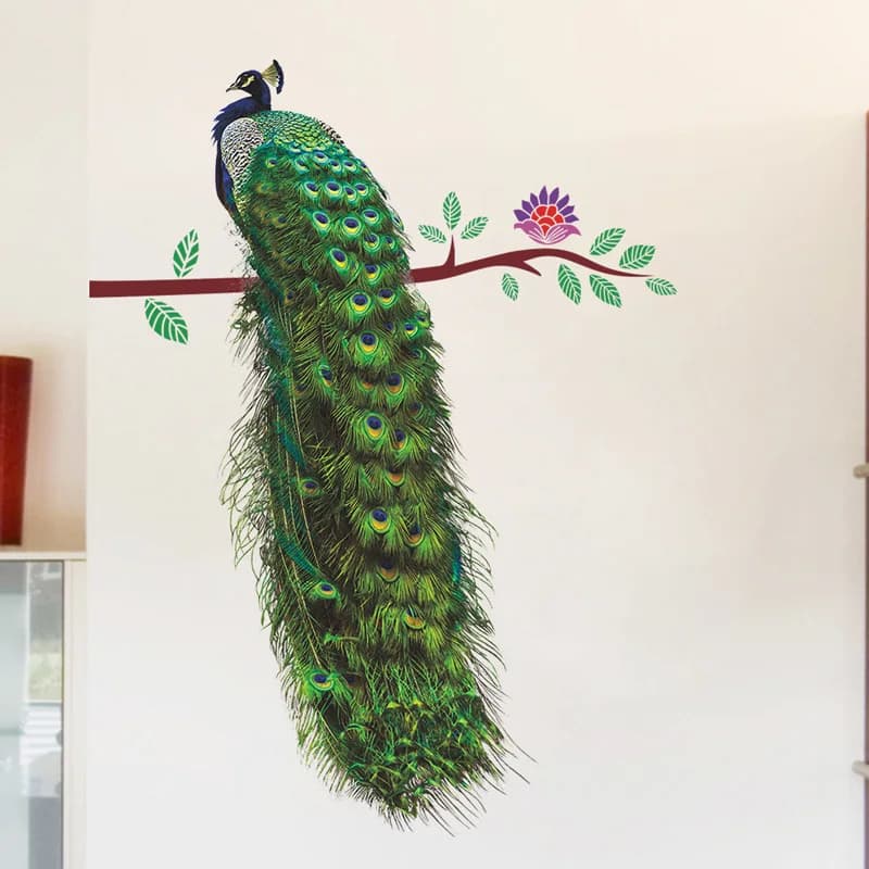 Autocollant mural paon sur branche pour salon, porte, fond de canapé/TV, décoration intérieure, art 