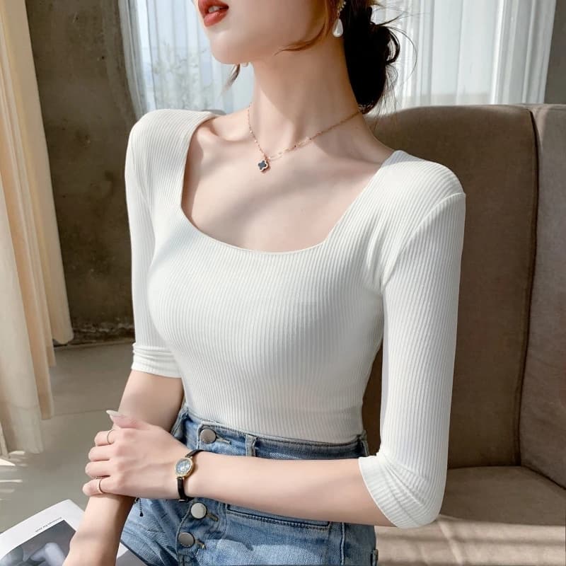 T-shirt manches mi-longues pour femmes, col carré, slim, en coton, solide, été, basique, haute élast