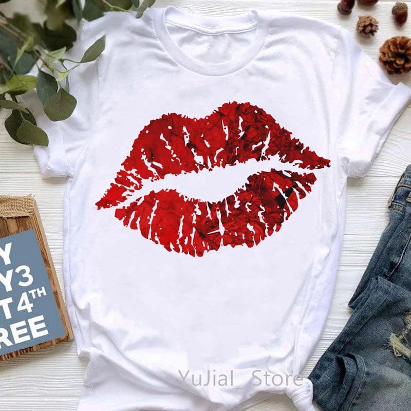 Rouge paillettes lèvres imprimer T-Shirt femmes vêtements été mode T-Shirt Femme blanc Style T-Shirt