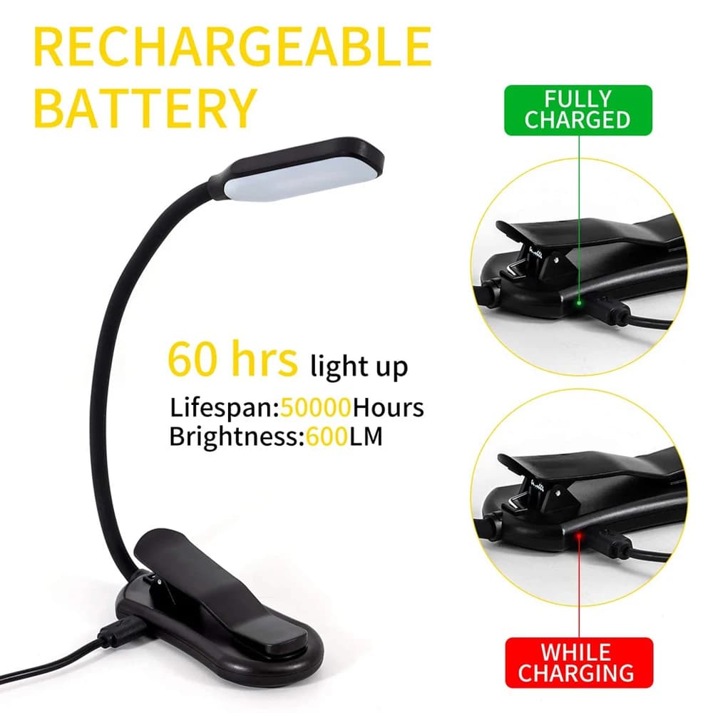 Mini lampe de lecture Rechargeable à 7 LED, 3 niveaux, blanc chaud et froid, Flexible, lampe à Clip 