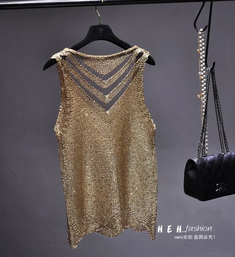 Paillettes Sexy évider soie légère Condole ceinture gilet or sans manches tricot manteau haut Mujer 