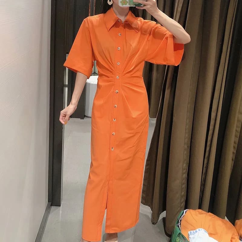 Robe Midi à boutons pour femmes, chemise Vintage, couleur unie, élégante, manches courtes, longue, d