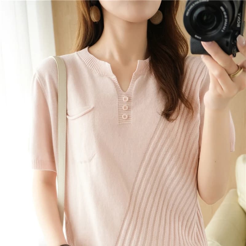 T-shirt tricoté à manches courtes et col en v pour femme, haut ample et décontracté, couleur unie, 1