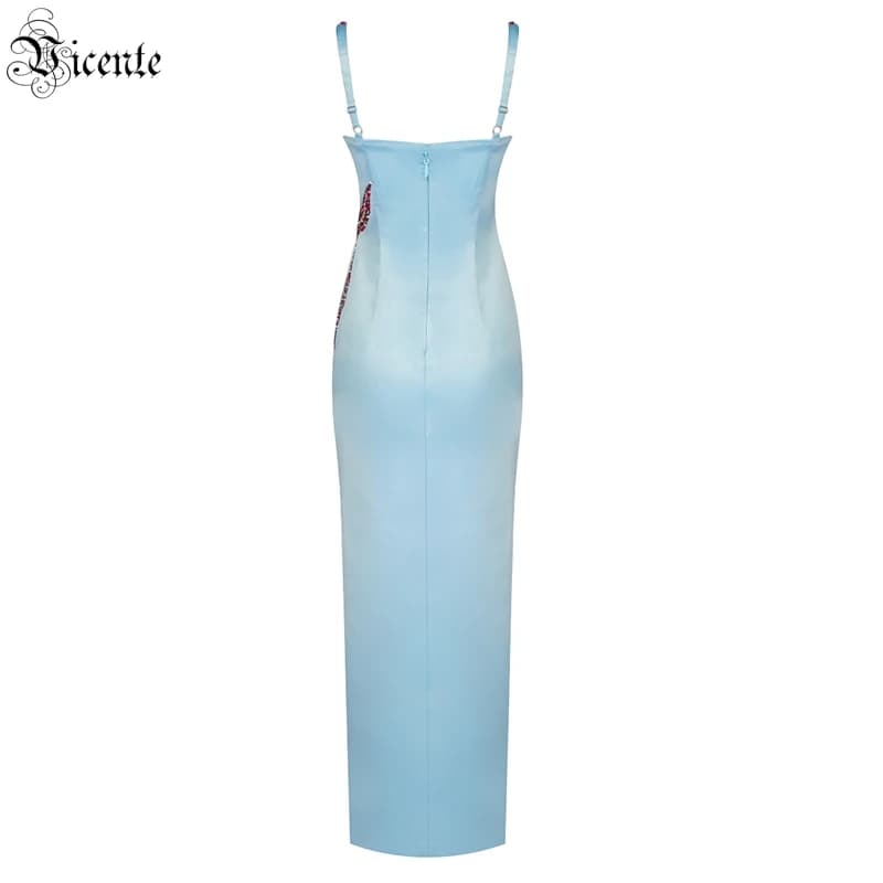 VC Sling-Robe longue en satin avec motif étoile de mer et diamant, fourche fendue, sangle à encolure