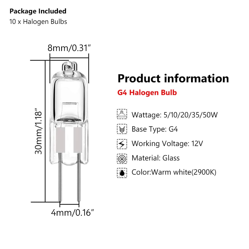 10 pièces G4 ampoule halogène 12V 5W 10W 20W 35W 50W G4 ampoules halogènes Globe lumineux Lot JC bi-