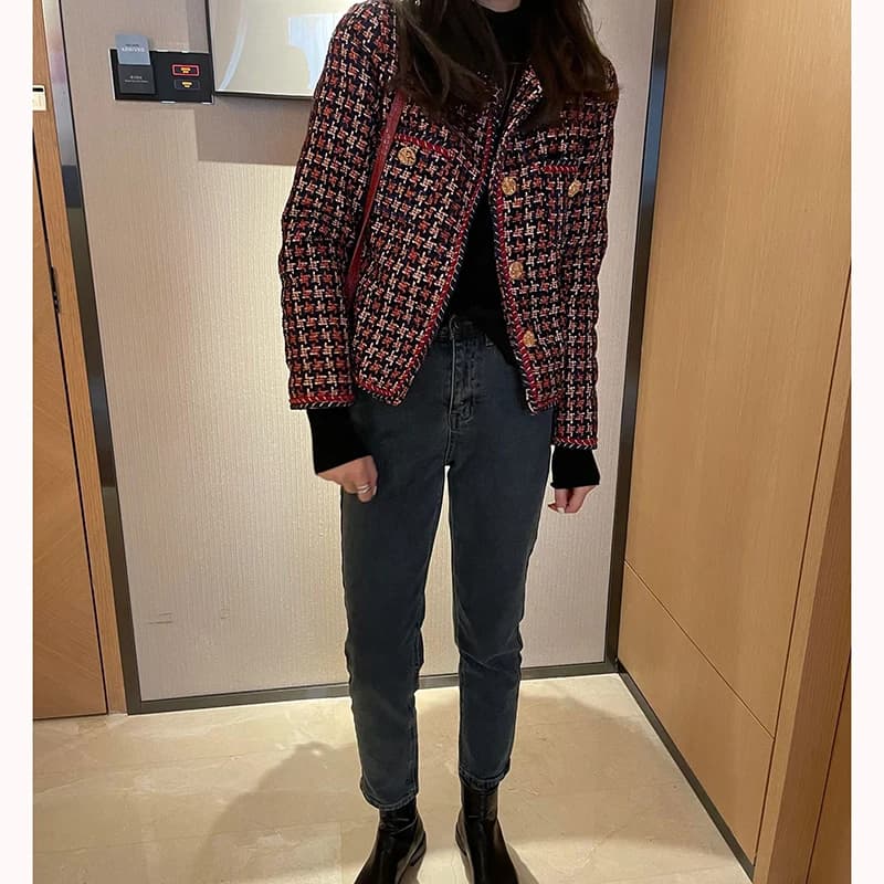 Élégant tissage Plaid femmes Blazer poche Plus velours hiver casual Tweed manteau bureau dames costu