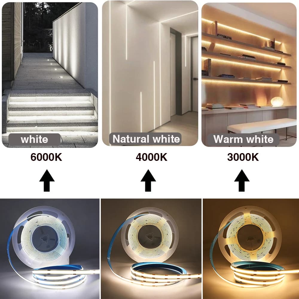 Bande lumineuse LED COB 5V 12V 24V, 320 diodes/m, haute densité RA90, Flexible, barre lumineuse, rub