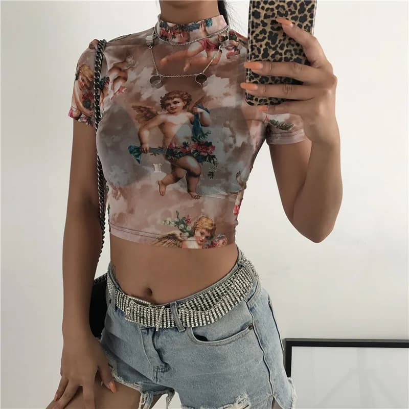 T-shirt manches courtes col montant femme, Streetwear, Harajuku, Sexy, à la mode, avec image d'ange 