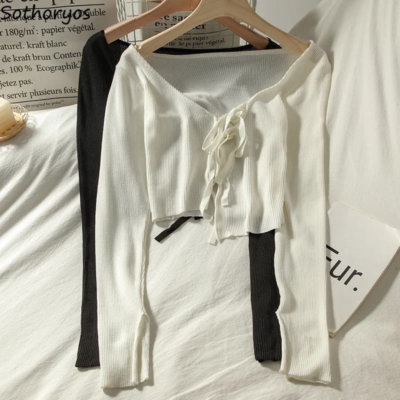 Cardigan à lacets tout assressentipour femme, blanc, simple, haut mignon, élégant, résistant au sole