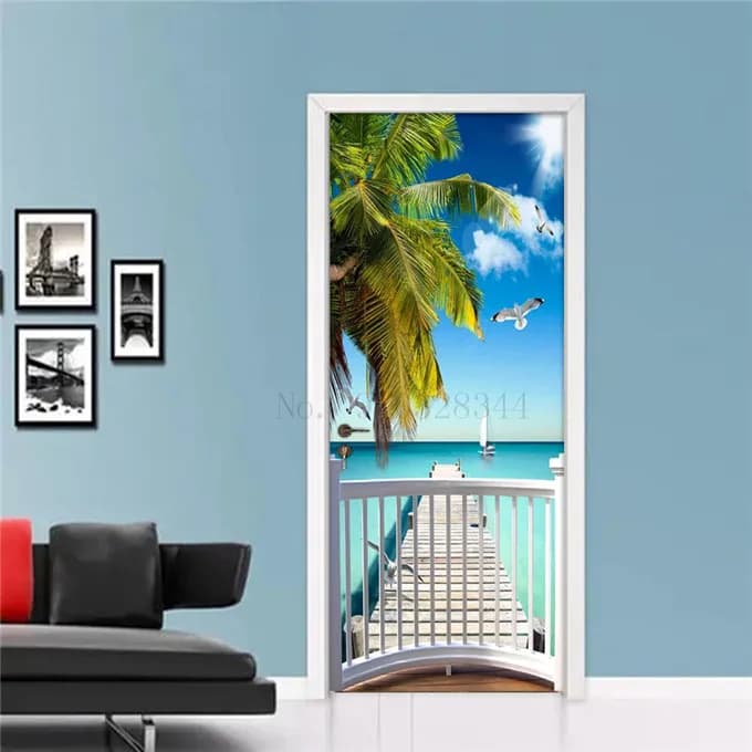 Autocollants de porte de plage, paysage marin, chambre à coucher, salle de bains, salon, papier pein