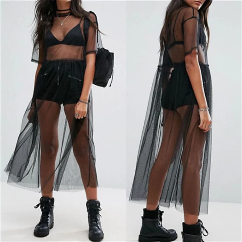 Sexy femmes soirée noir voir à travers maille robe pure Maxi robe Tulle dentelle longue robe décontr