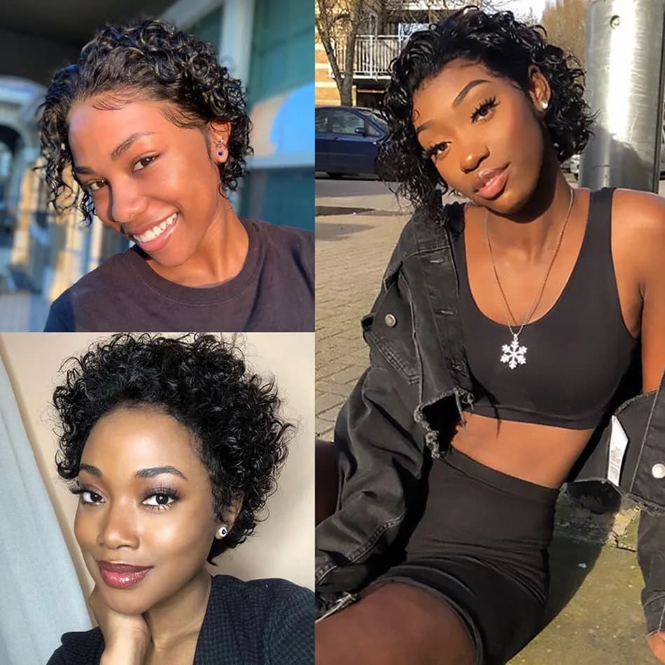 Perruque Pixie Cut Courte Bouclée en Cheveux Humains, Perruque Brésilienne Pas Chère en Cheveux Remy