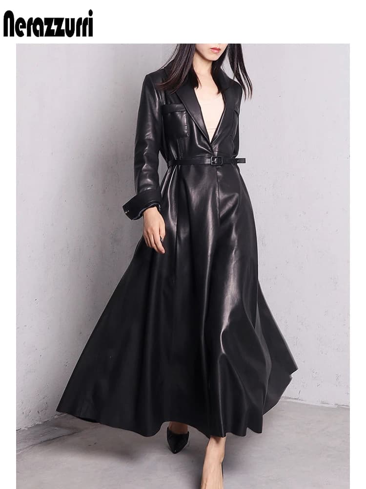 Nerazzurri-Manteau Maxi en Cuir PU pour Femme, Jupe Extra Longue, Pardessus Élégant, Rouge, Noir, Ha