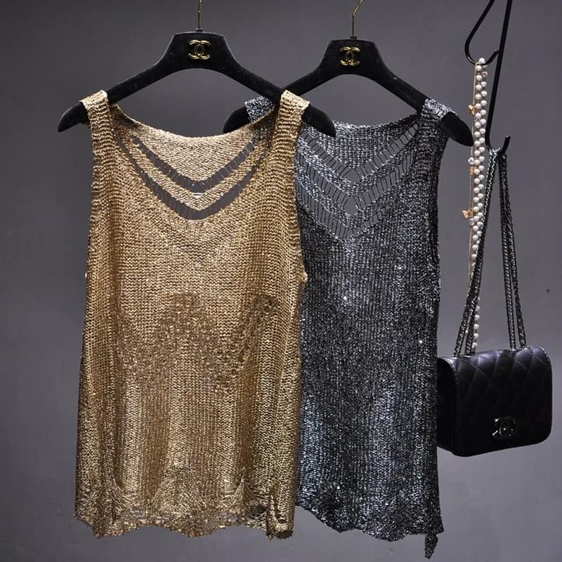 Paillettes Sexy évider soie légère Condole ceinture gilet or sans manches tricot manteau haut Mujer 