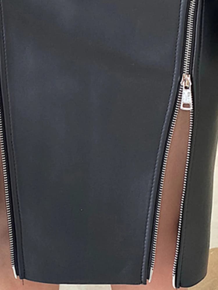 Lautaro – jupe mi-longue en cuir Pu noir doux pour femme, avec Double fente, fermeture éclair, taill