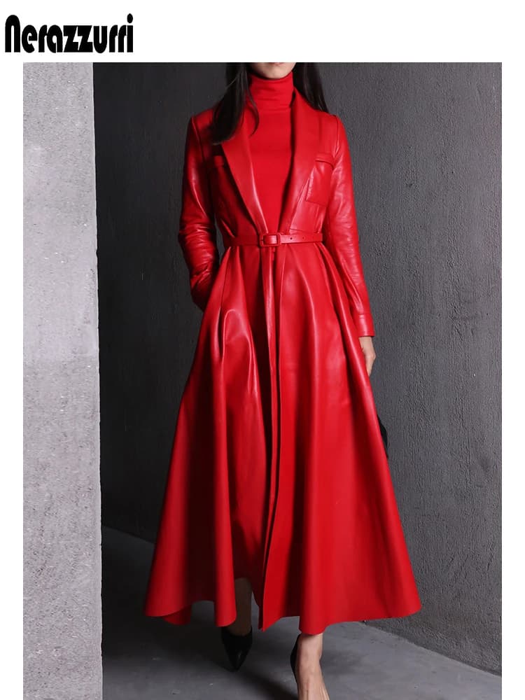 Nerazzurri-Manteau Maxi en Cuir PU pour Femme, Jupe Extra Longue, Pardessus Élégant, Rouge, Noir, Ha