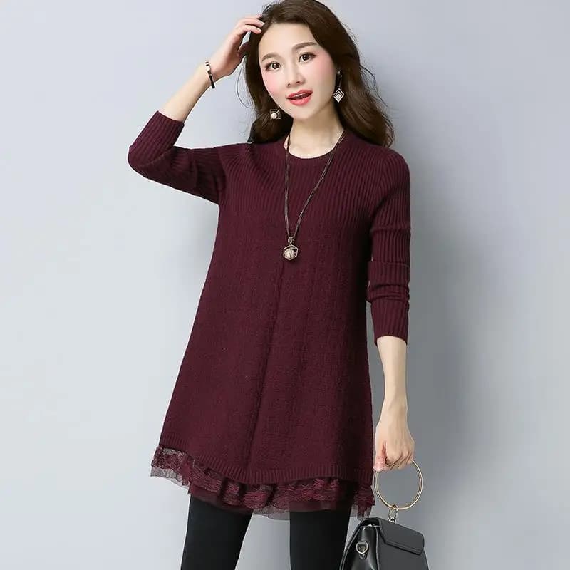 Robe pull à coutures en dentelle pour femmes, pulls à manches longues, pulls tricotés pour femmes, m