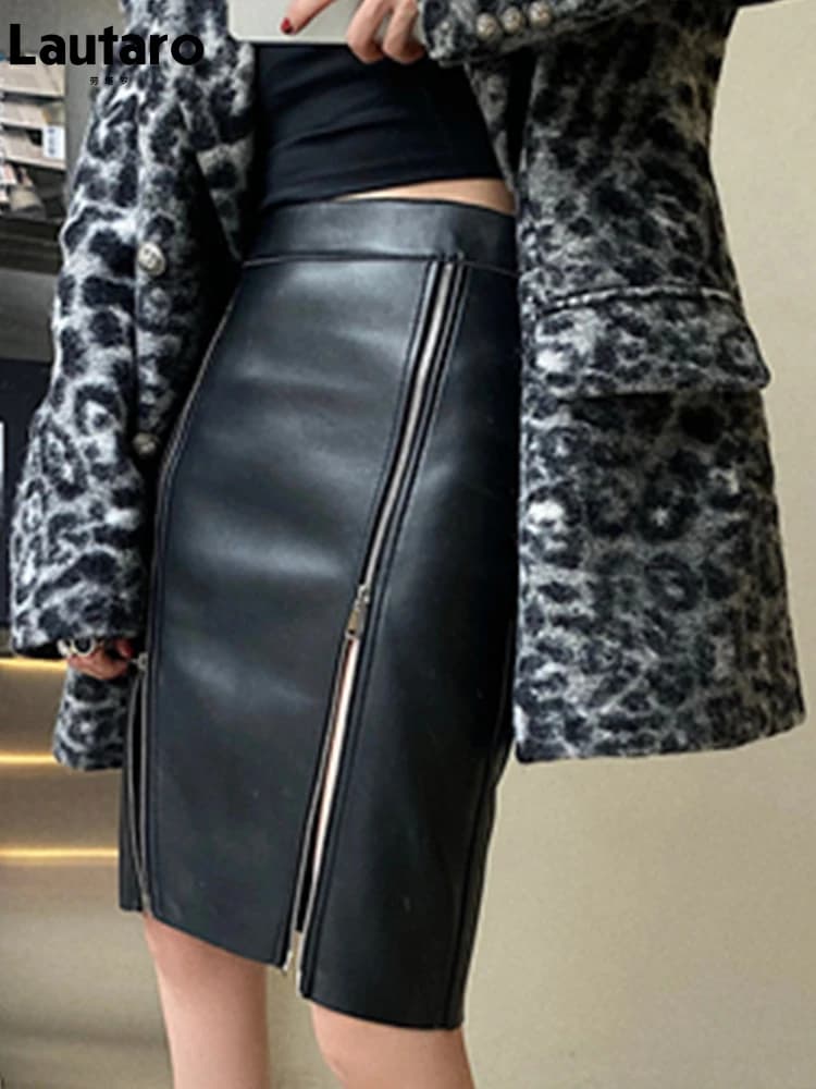 Lautaro – jupe mi-longue en cuir Pu noir doux pour femme, avec Double fente, fermeture éclair, taill