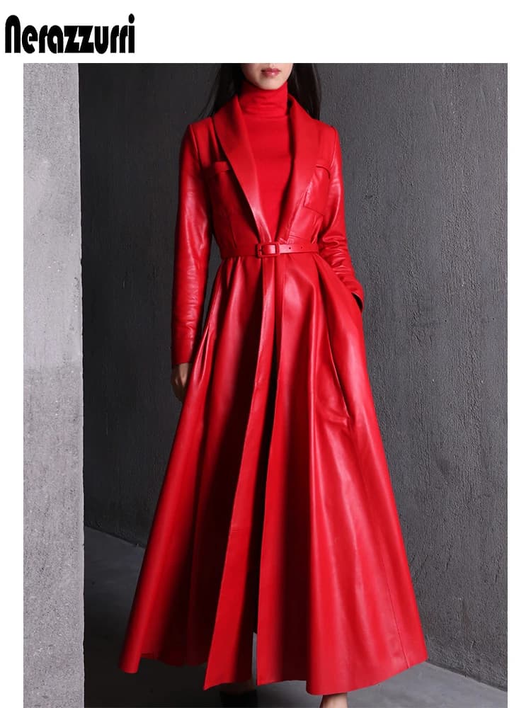 Nerazzurri-Manteau Maxi en Cuir PU pour Femme, Jupe Extra Longue, Pardessus Élégant, Rouge, Noir, Ha