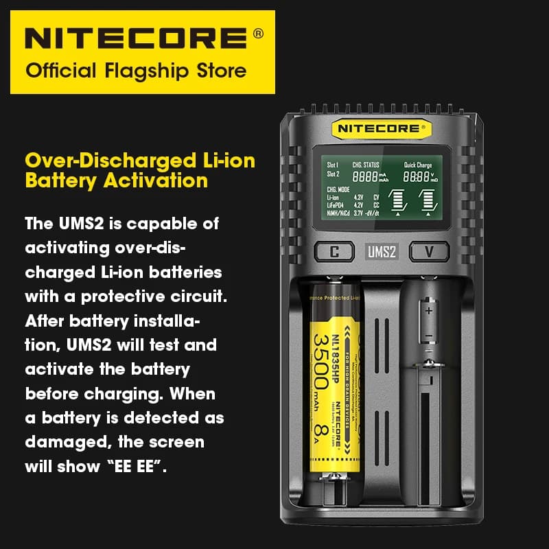 NITECORE UMS2 chargeur de batterie Intelligent USB-C à double emplacement prise de charge rapide QC 