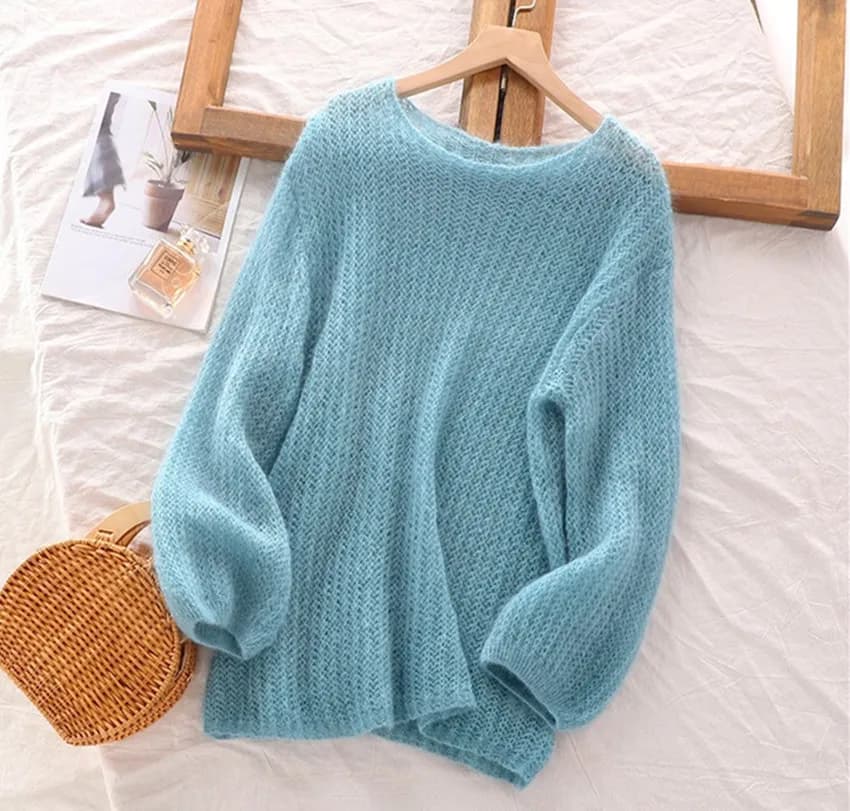 JSXDHK nouveau 2025 printemps automne Mohair bleu mince pull hauts mode femmes col rond tricoté évid