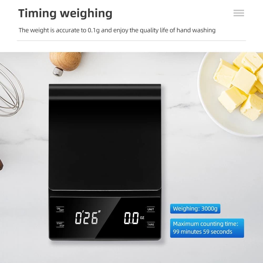 Balance à café 3kg/0.1g avec minuterie, outils de cuisine, balance numérique multifonction, verser s