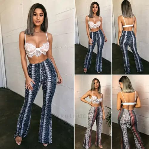 Rétro ChimSlim Casual Street Hiphelicopter Femmes Boho Imprimer Long Pantalon Taille Haute Évasé Jam