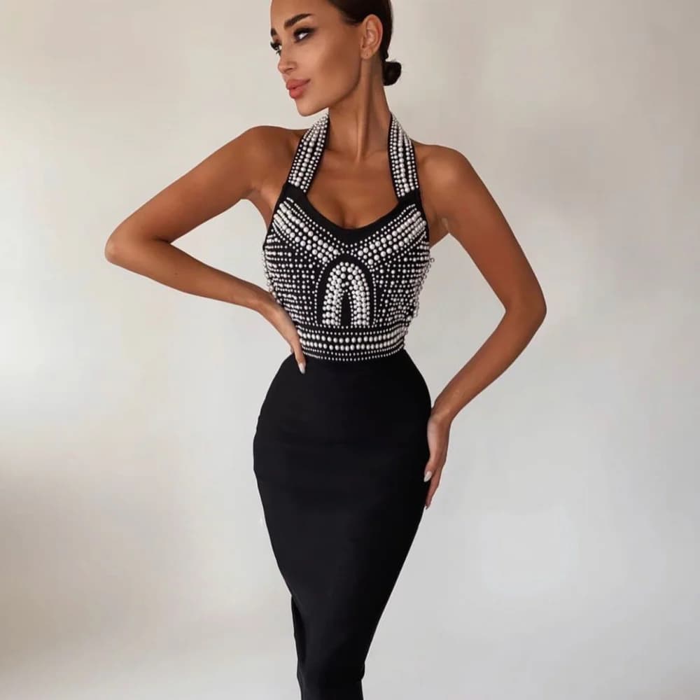 Top qualité haute rue blanc noir Sexy épaules dénudées sans manches perles brillant genou longueur r